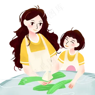 妈妈和女孩在做棕子免抠图