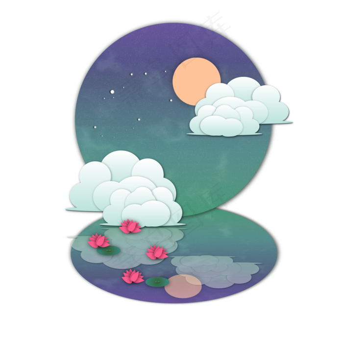 卡通夜晚的池塘风景免抠图(3545X5315(DPI:300))psd模版下载