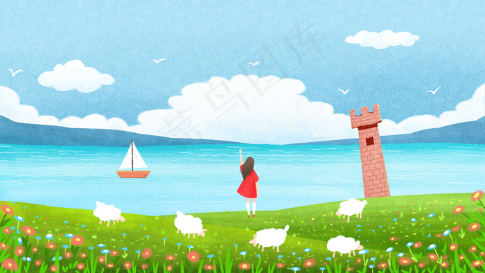 夏日草原大海风景插画