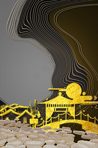 新中式古建筑黑色鎏金装饰画