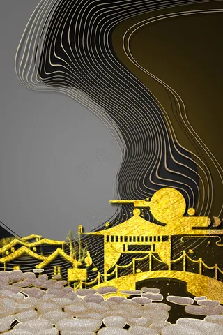 新中式古建筑黑色鎏金装饰画