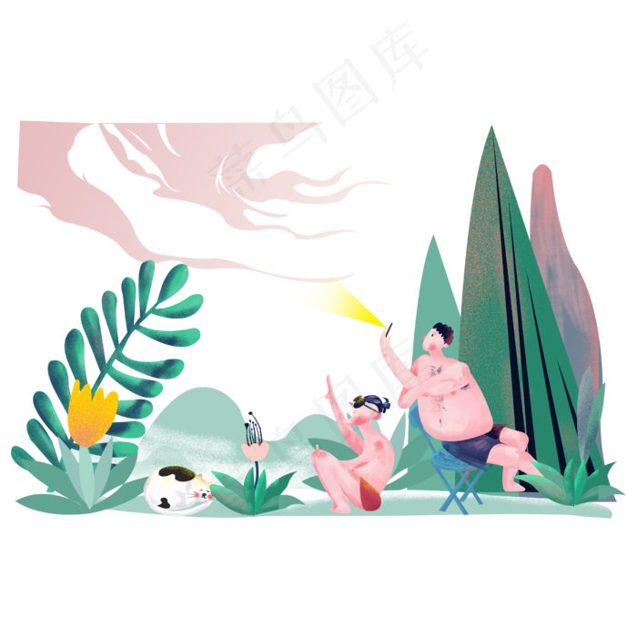 处暑绿色商业插画度假坐姿免抠