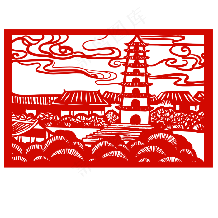 手绘中国风猪年世界名胜古迹风景,免抠元素