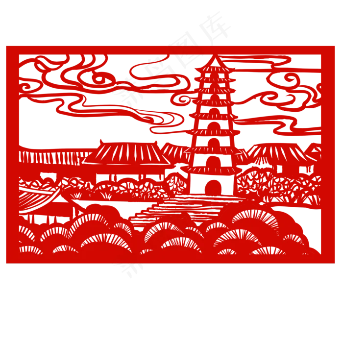 手绘中国风猪年世界名胜古迹风景,免抠元素