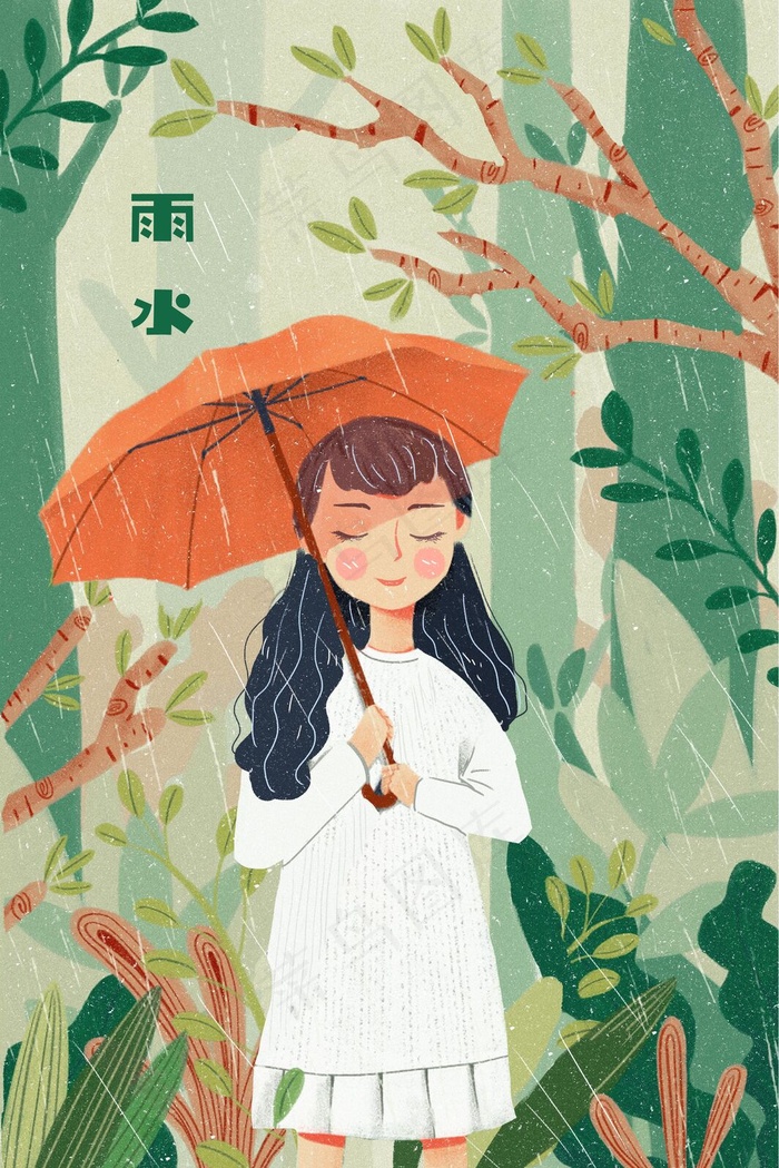 春天雨水春雨下雨女孩打伞雨季(3545*5315px 300 dpi )psd模版下载