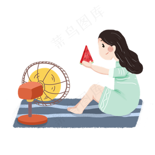 夏至女孩吃西瓜吹风扇素材