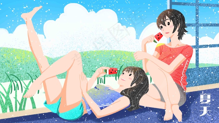 清凉夏天清新一夏吃西瓜炎热夏天立夏(3508X2480(DPI:300))psd模版下载