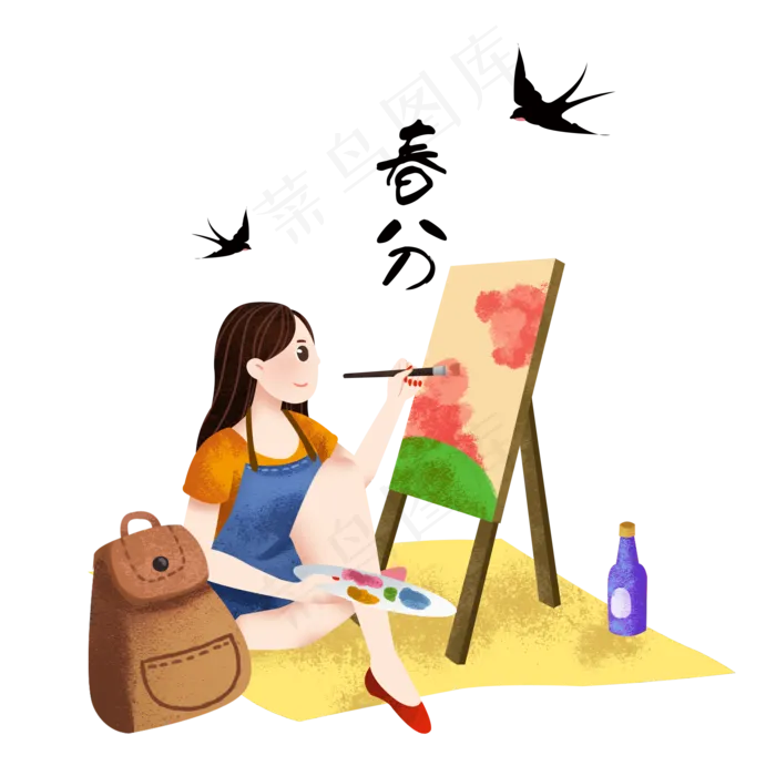 春分绘画的小女孩,免抠元素