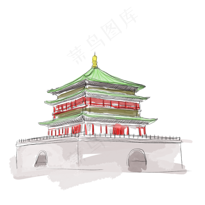西安钟楼水彩建筑(2500X2500(DPI:300))psd模版下载