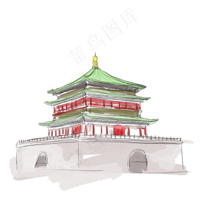 西安钟楼水彩建筑(2500X2500(DPI:300))psd模版下载