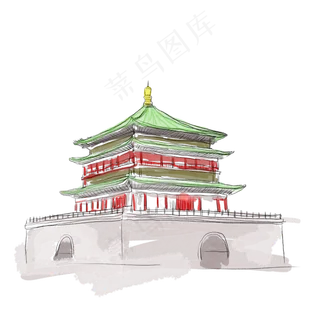 西安钟楼水彩建筑