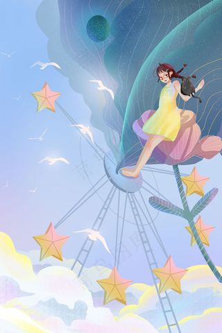 61儿童节童年童趣游乐园大风车少女卡通插
