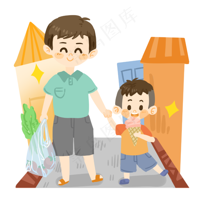 父亲节卡通父亲与孩子买菜PNG