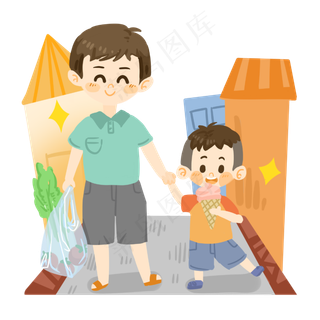 父亲节卡通父亲与孩子买菜PNG