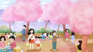 春天大家欣赏樱花风景手绘治愈系横图