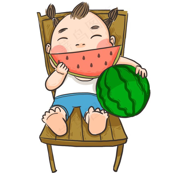 孩童坐在椅子上大口吃西瓜