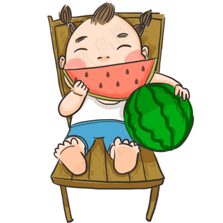 孩童坐在椅子上大口吃西瓜