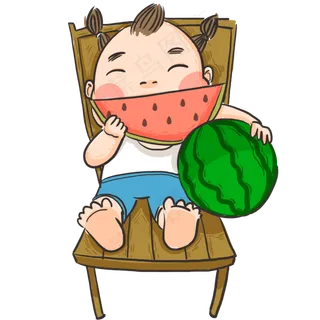 孩童坐在椅子上大口吃西瓜