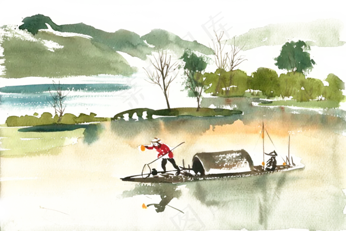 水彩风景夜晚捕鱼忙,免抠元素(3300*2200px 300 dpi )psd模版下载