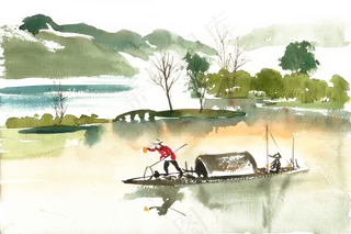 水彩风景夜晚捕鱼忙,免抠元素