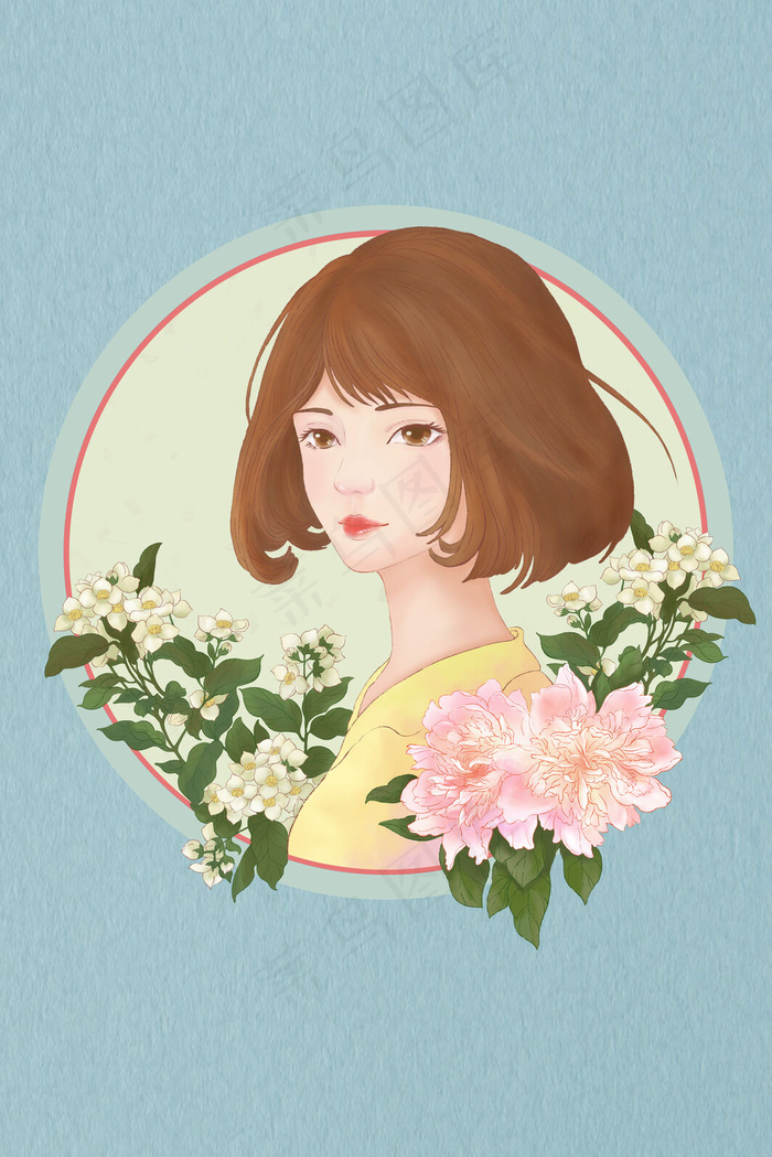 淡彩工笔画质感花卉花文艺少女