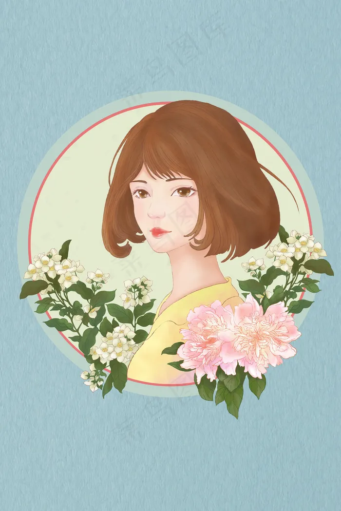 淡彩工笔画质感花卉花文艺少女