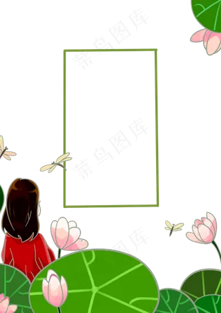 春夏荷花盛开女孩与蜻蜓PNG素材
