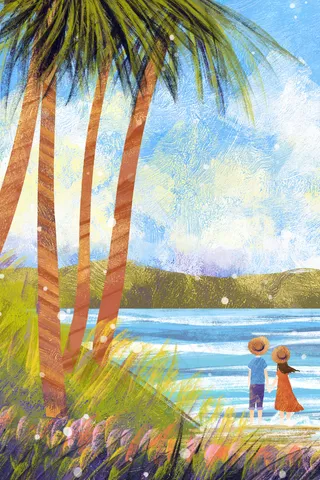 夏日情侣海边度假油画风景
