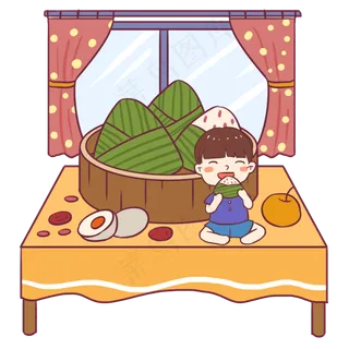 端午节黄色卡通元素吃粽子