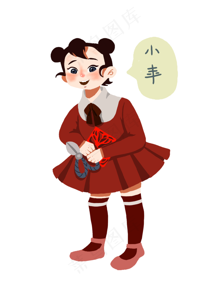 卡通手绘迎小年的可爱女孩,免抠元素
