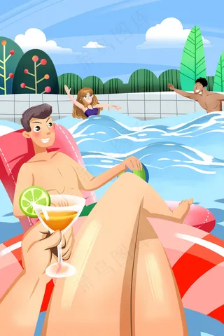卡通手绘风夏景夏天泳池配图