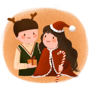 圣诞节手绘送礼物的情侣PNG素材