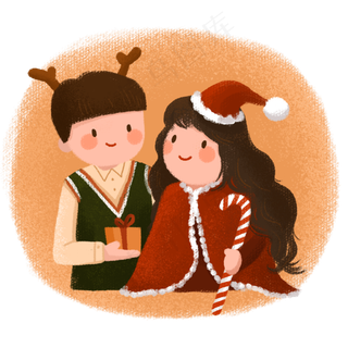 圣诞节手绘送礼物的情侣PNG素材