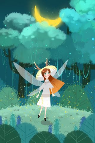 绿色系夏景傍晚森林女孩配图