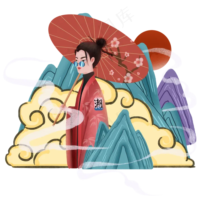 中国国潮时尚汉服少年潮牌装饰,免抠元素(3500X3500(DPI:300))psd模版下载