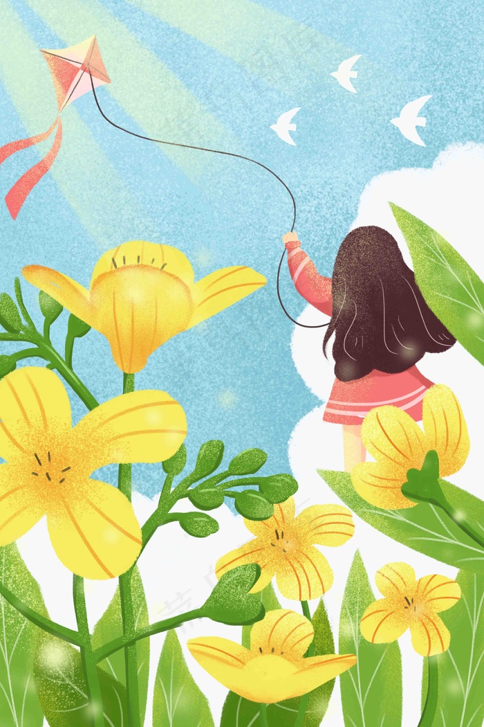 春天出游绿色放风筝清新少年鲜花手绘插画