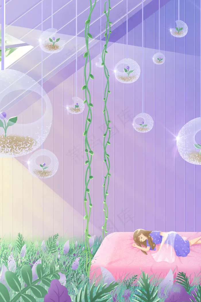 春天暖色系小清新春困睡觉植物