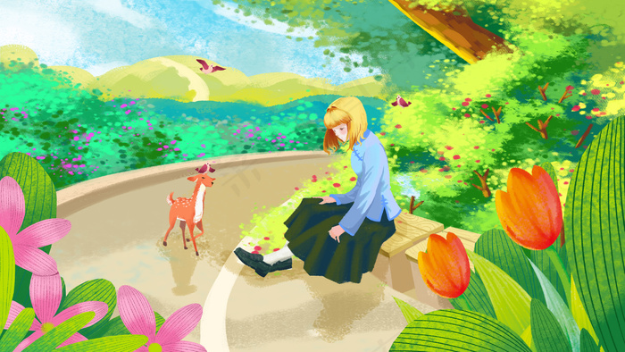 夏景绿色肌理 女孩与鹿