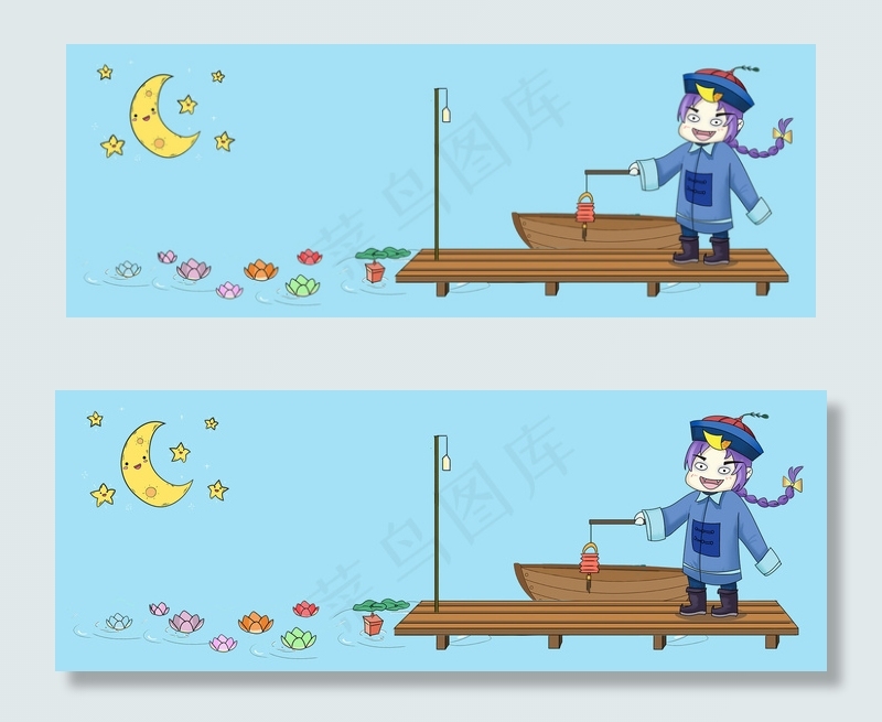 卡通风中元鬼节小僵尸挑灯装饰背景