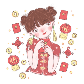新年2019年旗袍少女发红包灯笼中�,免抠元素