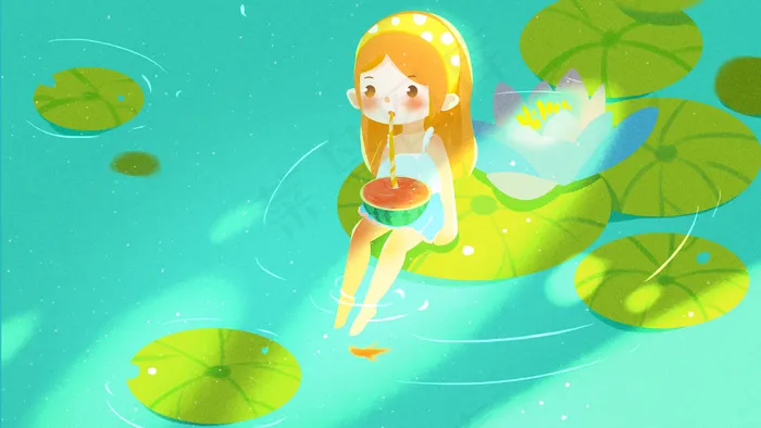 清凉一夏《荷叶和女孩》配图(2880*1620px 300 dpi )psd模版下载