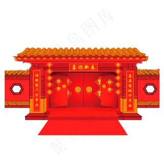红色喜庆传统大门口元素,免抠元素