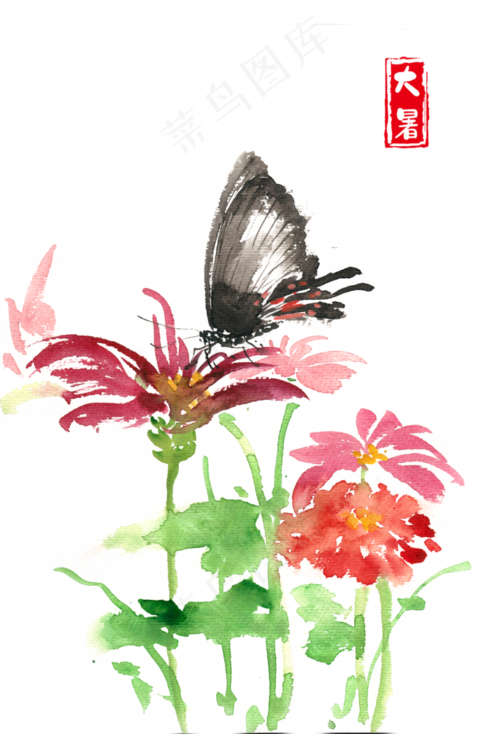 大暑鲜花与蝴蝶,免抠元素(2200*3300px 300 dpi )psd模版下载
