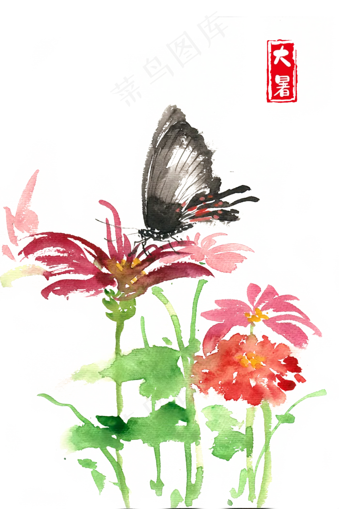 大暑鲜花与蝴蝶,免抠元素(2200*3300px 300 dpi )psd模版下载