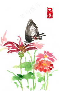 大暑鲜花与蝴蝶,免抠元素