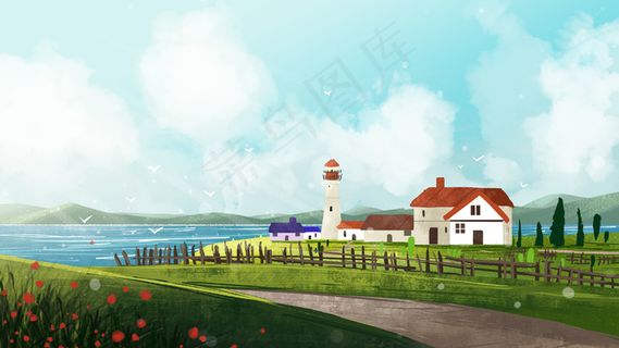 大海灯塔草地蓝天白云