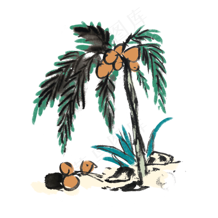 夏天椰树海滩椰子手绘(4000X4000(DPI:300))psd模版下载
