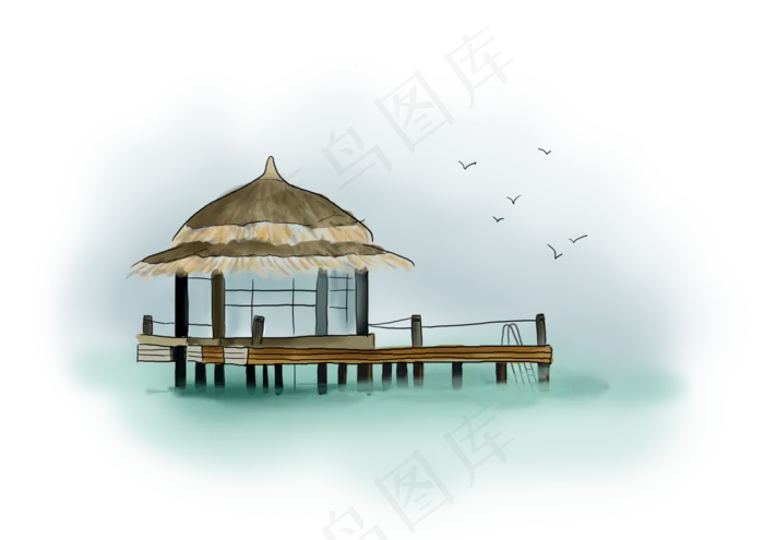 旅游季手绘海边茅草屋