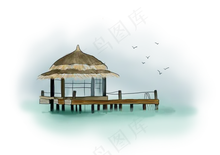 旅游季手绘海边茅草屋