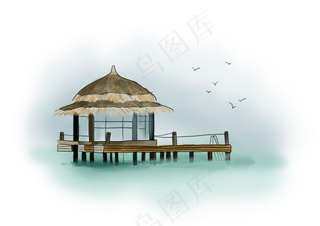 旅游季手绘海边茅草屋